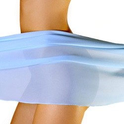 A woman in white underwear wrapped in sheer blue fabric
